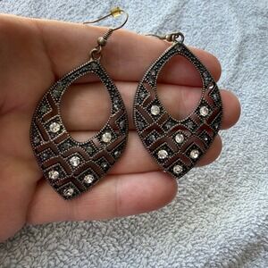 Vintage Style Burnished Silver Tone Rhinestone Teardrop Dangle Earrings